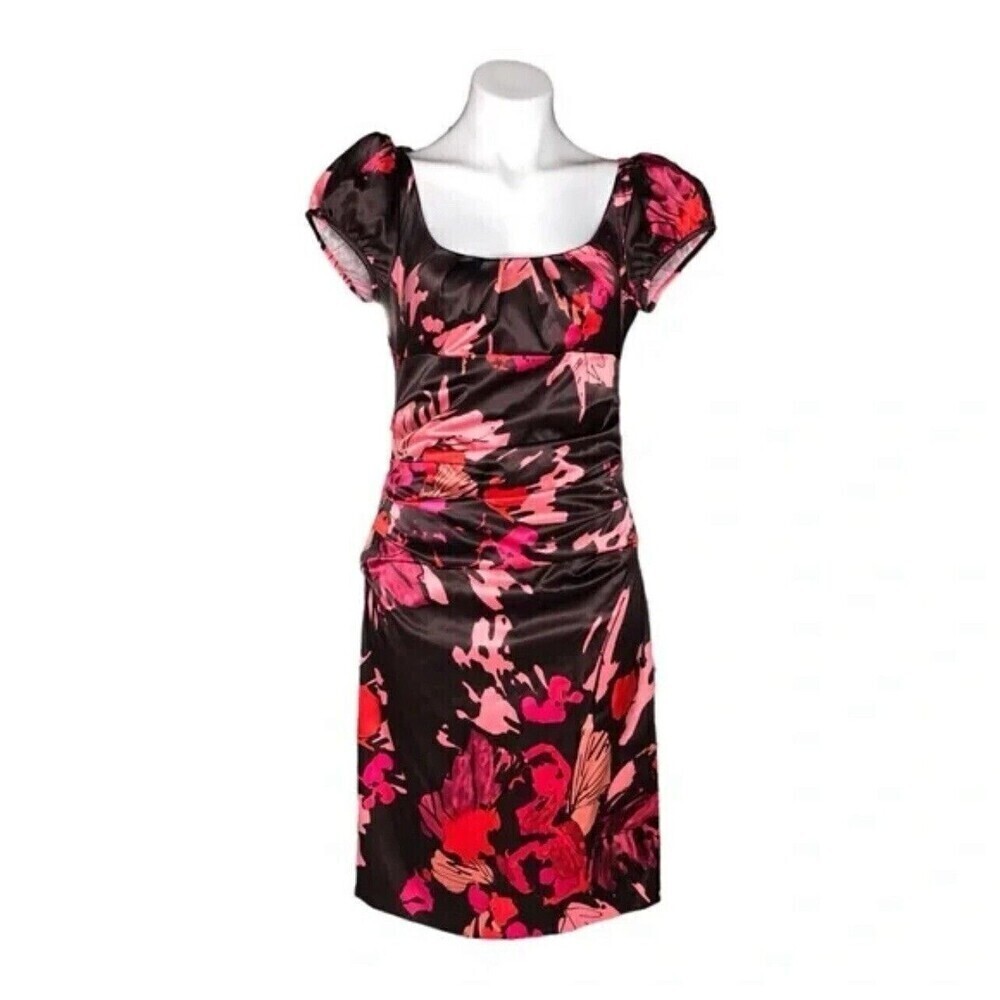 Suzi Chin Maggy Boutique Brown Pink Floral Dress Ruched 4 Women Satin Sexy Event